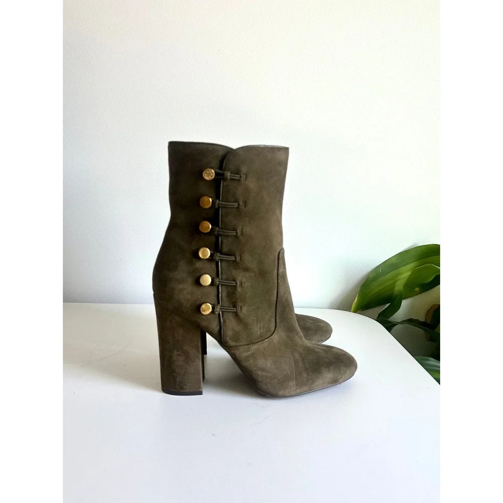 Guess Womens Olive Green Suede Ankle Boots Gold Button Block Heel Military Style